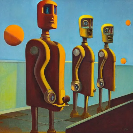 Image similar to robot parade, dystopian, pj crook, edward hopper, oil on canvas