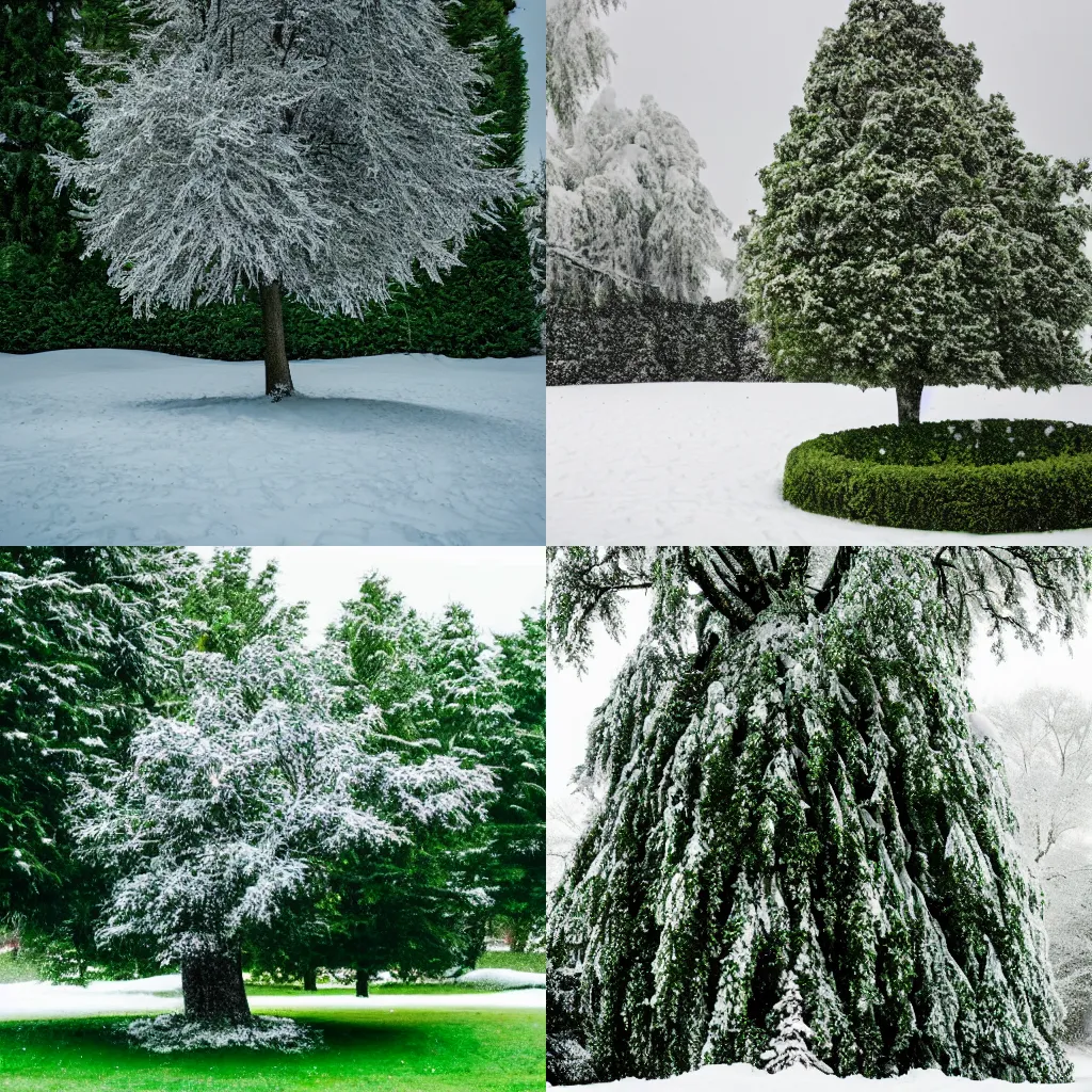 Prompt: snow covered tree in the middle of a green summer garden