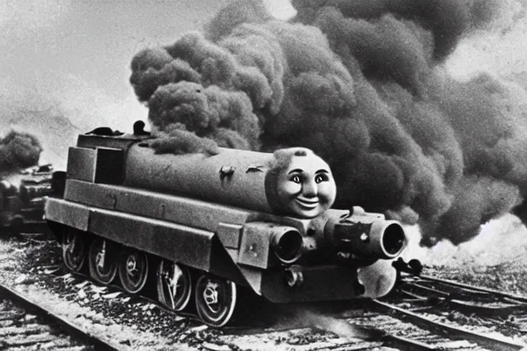 Image similar to WW2 era photograph, the face of Thomas the tank engine attached to a 800mm German super-heavy-mortar with a huge gun barrel shooting, there are german soldiers running around