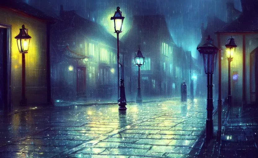 Prompt: a blurry ambient lantern in the distance of a rainy victorian village at night, dynamic lighting, ambient lighting, atmospherical, photorealistic fantasy concept art, trending on art station, stunning visuals, creative, cinematic, ultra detailed