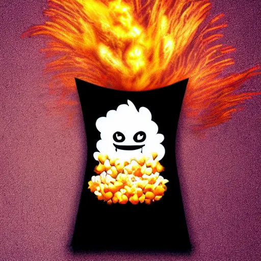 Image similar to fluffy exploding popcorn elemental spirit, in the style of a manga character, with a smiling face and flames for hair, sitting on a lotus flower, white background, clean composition, symmetrical