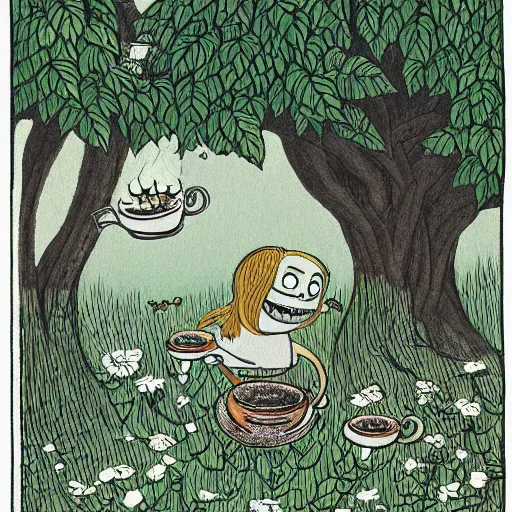 Image similar to highly detailed illustration of a monster smiling and dancing around a beautiful steaming cups of coffee, amongst coffee trees and flowers, in the style of Japanese illustration, Maurice Sendak, Tove Jansson