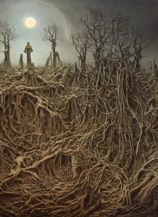 Image similar to a intricate oil painting of The Tomb in the dystopian landscape is opening through the ground, the dead has arisen under the glowing moon, dead trees and a brooding landscape by Giger and Dariusz Zawadzki and Beksinski