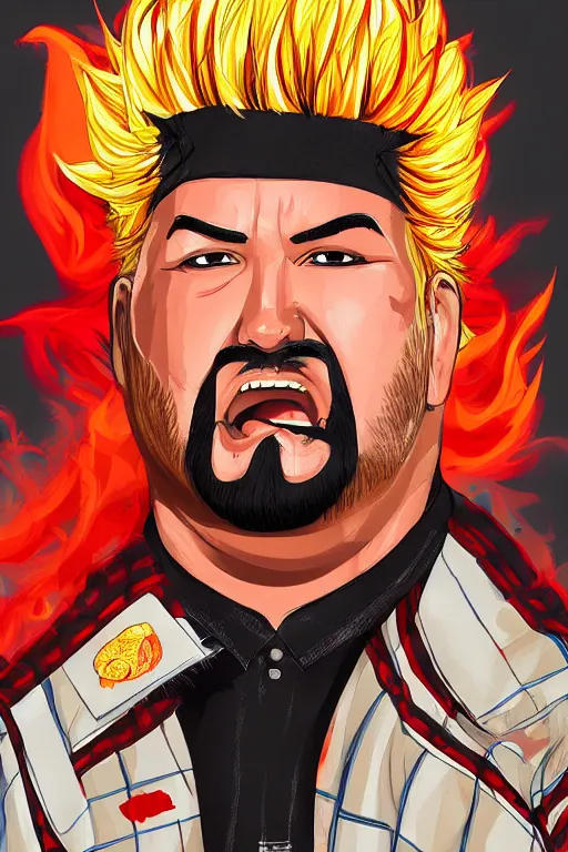 Image similar to Guy Fieri as a Genshin Impact character, digital illustration, dynamic portrait, detailed illustration artstation cgsociety