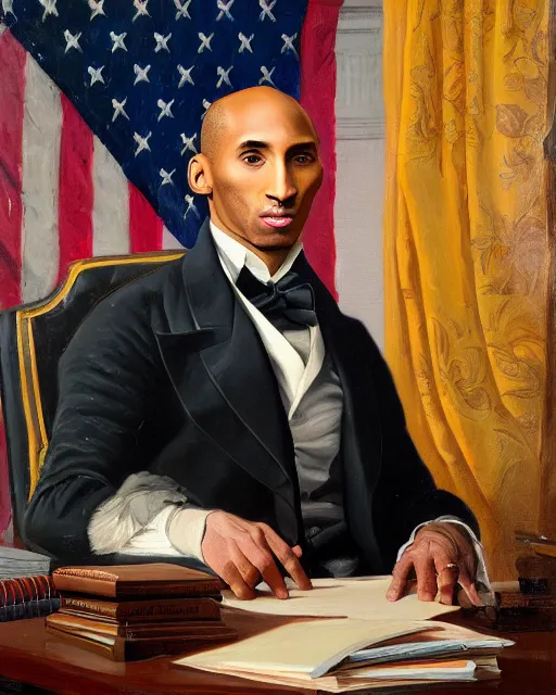 Image similar to facial portrait of the united states president, an ugly 7 8 year old kobe bryant, resolute desk, 1 8 4 8, oil on canvas by william sidney mount, trending on artstation, national archives