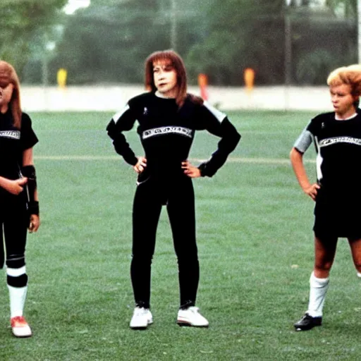 Prompt: robocop 1 9 8 4 coaching a girls'soccer team