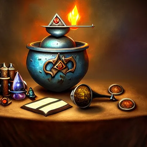 Image similar to photorealistic, table, wizards laboratory, mortar, pestle, scales, magic book, tony sart,