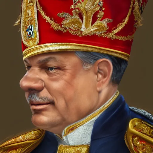 Image similar to an extremely realistic portrait depicting the coronation of viktor orban dressed in royal national costume, on the frozen danube, detailed, intricate, elegant, highly detailed, hyper realistic face, digital painting, artstation, concept art, smooth, sharp focus, illustration,