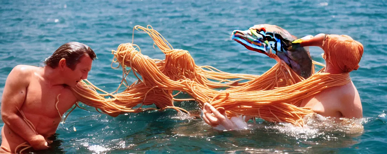 Prompt: dolphins receiving spaghetti from humans from a boat, ocean,, small details, intricate, sharply focused, canon 5 0 mm, wes anderson film, kodachrome