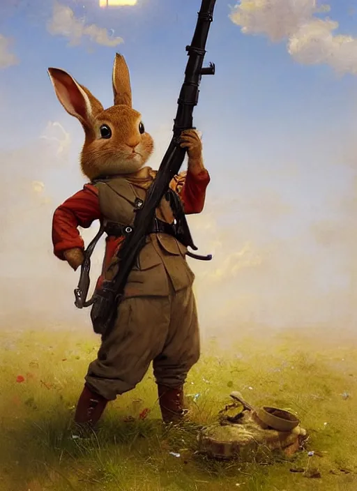 Prompt: peter rabbit as a soldier holding a bazooka, digital art by eugene de blaas and ross tran, vibrant color scheme, highly detailed, in the style of romanticism, cinematic, artstation, greg rutkowski