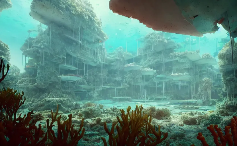Image similar to Interior of an abandoned underwater city, overgrown with coral and fish, rendered by Beeple, by Makoto Shinkai, syd meade, synthwave style, environment concept, digital art, unreal engine, WLOP, trending on artstation, 4K UHD image, octane render,