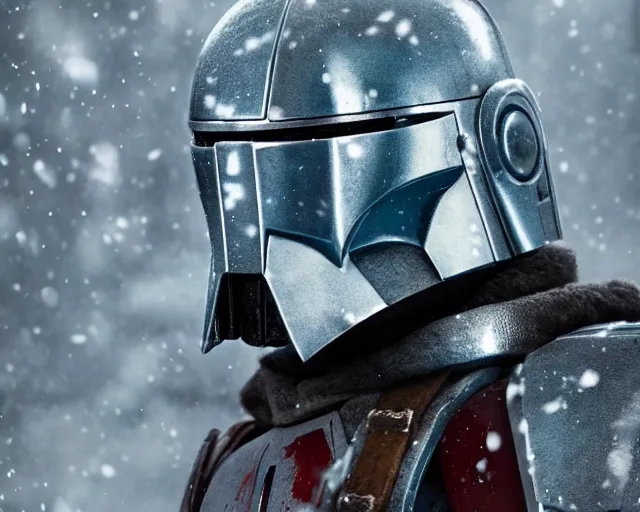 Image similar to in a snowy forest, a mandalorian jango fett, is looking at a huge pile of mandalorian helmets piled up, concept art highly detailed, great cinematic lighting, octane render, 8 k, depth of field, 3 d, art by greg rutkowski, trending on artstation, cinematographic shot