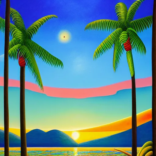 Image similar to a ultradetailed beautiful painting of amazonas beach by tarsila do amaral, major arcana mason sparkles sky, dougherty patrick, trending on artstation, mediterranean, palm trees, light sparkles, major arcana sky, sharp focus, soft light