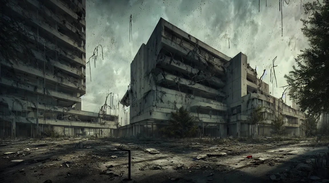 Image similar to post apocalyptic hospital building, morning, building, avenue, modern contemporary urban americana concrete architecture, by pascal blanche, neil blevins, apocalyptic color palette, trending on artstation, photorealistic, wilderness ambiance, ultra detailed, high definition, depth of field, bokeh, rubble, wild vegetation, blood stains, building crumbling, human silhouettes walking
