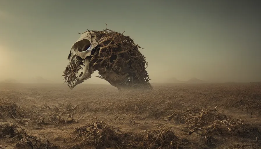 Image similar to a vast wasteland, 1 colossal skull half covered in dust and sand, overgrown with plants, dried leaves, cinematic lighting, trending on artstation, national geographic photography, digital painting, elaborate matte painting
