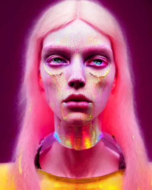 Image similar to hyperrealist highly intricate post-gothic portrait pink pearlescent exoskeleton beautiful goddess concept art pascal blanche key sage dramatic yellow lighting 8k high angle shallow depth of field