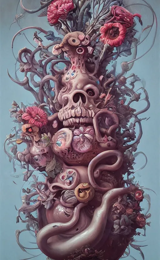 Image similar to a biomorphic painting of a vase with flowers and eyeballs in it, a surrealist painting by Nychos, by Peter Mohrbacher, by Beksinski, pastel blues and pinks, featured on artstation, metaphysical painting, oil on canvas, fluid acrylic pour art, airbrush art,