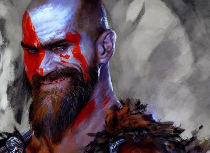 Prompt: a highly detailed beautiful portrait of jim carrey as kratos, by gregory manchess, james gurney, james jean