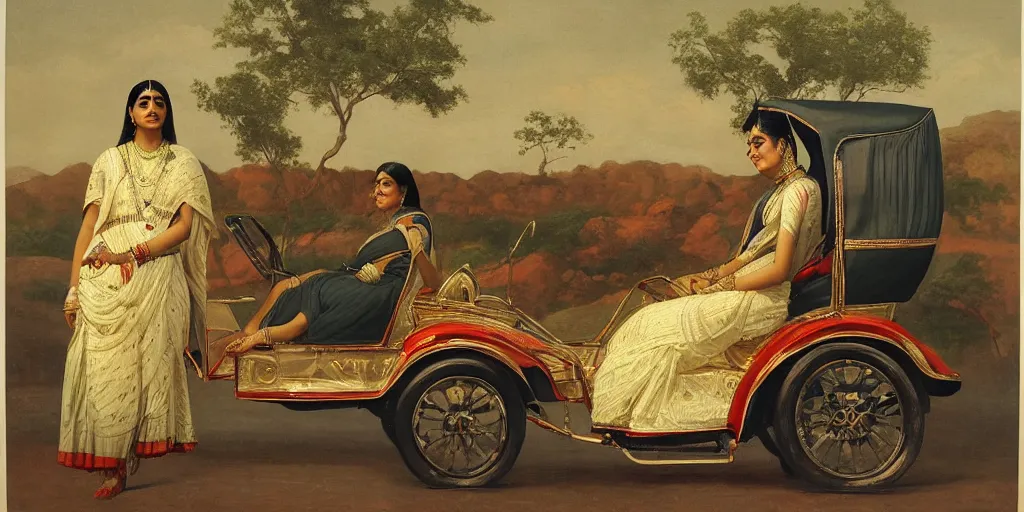 Prompt: woman driving a tesla in the style of raja ravi varma, high detail, realism, national gallery of delhi