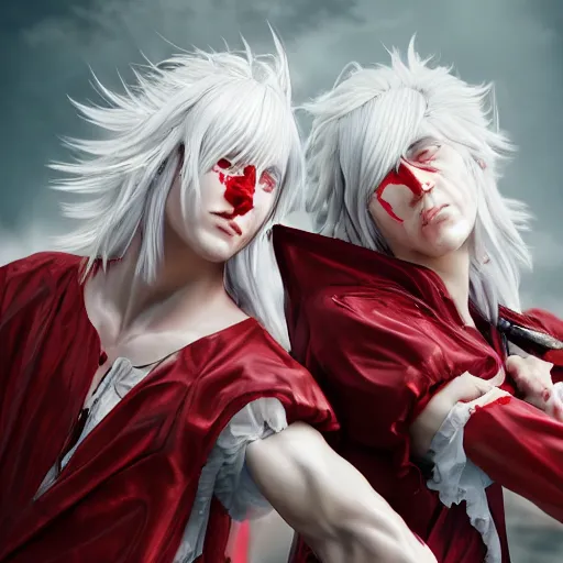 Image similar to Epic rococo painting of two young identical twins, with white skin, long white hair and red eyes. Wearing red clothes. Middle age. Shin megami tensei style, ultra-detailed. Anime, pixiv, UHD 8K CryEngine, octane render