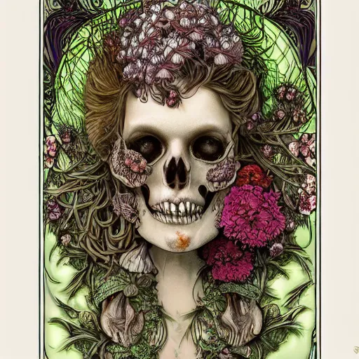 Image similar to detailed rotten woman skull corpse with fractal plants and fractal flowers and mushrooms growing around, symmetrical, ornate, ornamentation, illustration, in the style of art nouveau, mucha