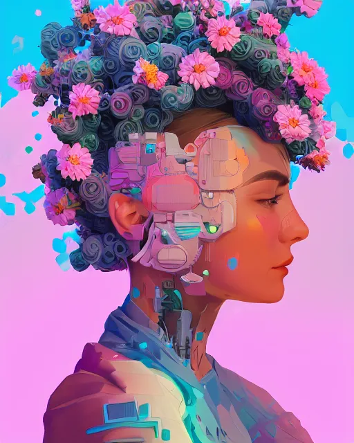 Image similar to a digital painting of a woman with flowers in her hair, cyberpunk art by beeple, behance contest winner, retrofuturism, voxel art, # pixelart, dystopian art