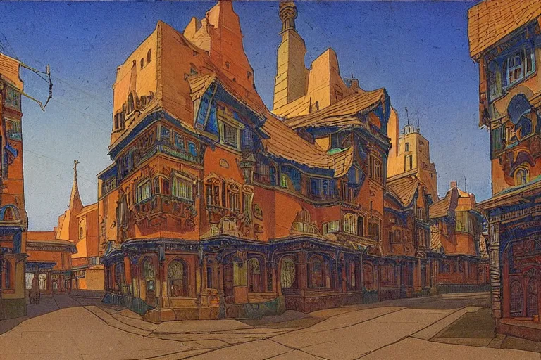 Image similar to tree-lined street in a very old very beautiful city by Thomas Seddon and Nicholas Roerich, ornate wrought iron, strong dramatic cinematic lighting , colorful tiled architecture, lost civilizations, smooth, sharp focus, extremely detailed