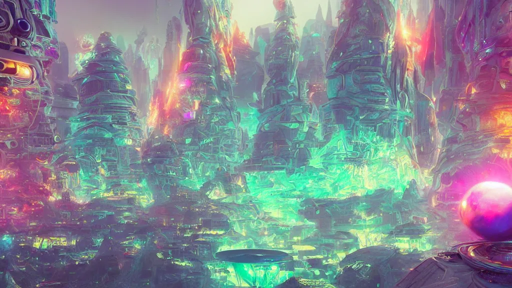 Prompt: a futuristic colorful alien city made of crystals, burning halo, intricate artwork by Tooth Wu and wlop and beeple, greg rutkowski, very coherent symmetrical artwork, cinematic, hyper realism, high detail, octane render, unreal engine, 8k, Vibrant colors, Smooth gradients, High contrast, depth of field by Jacek Yerka, Mariusz Lewandowski