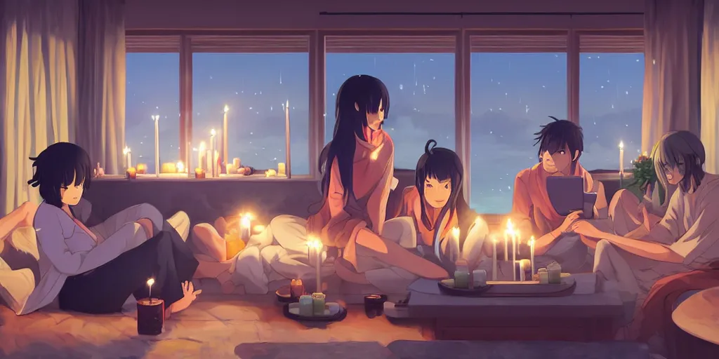 Prompt: a cozy party at midnight, modern indoors, bay area, candles, hot tub, friendship, art by makoto shinkai