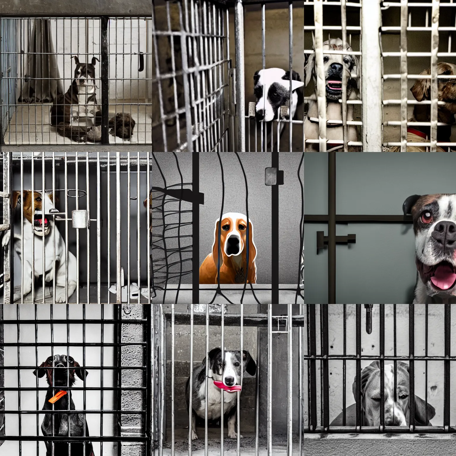 Prompt: prisoners inside the cell holding bars, a dog sitting outside the cell holding a big key in the mouth