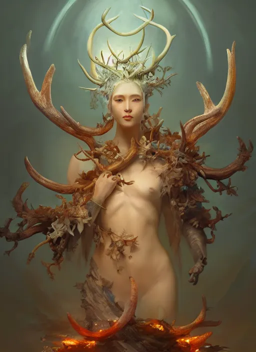 Image similar to Gigantic Deity with a halo made of antlers and translucent mushrooms, extremly detailed digital painting, in the style of Fenghua Zhong and Ruan Jia and Jeremy Lipking and Peter Mohrbacher, mystical colors, rim light, beautiful lighting, 8k, stunning scene, raytracing, octane, trending on artstation