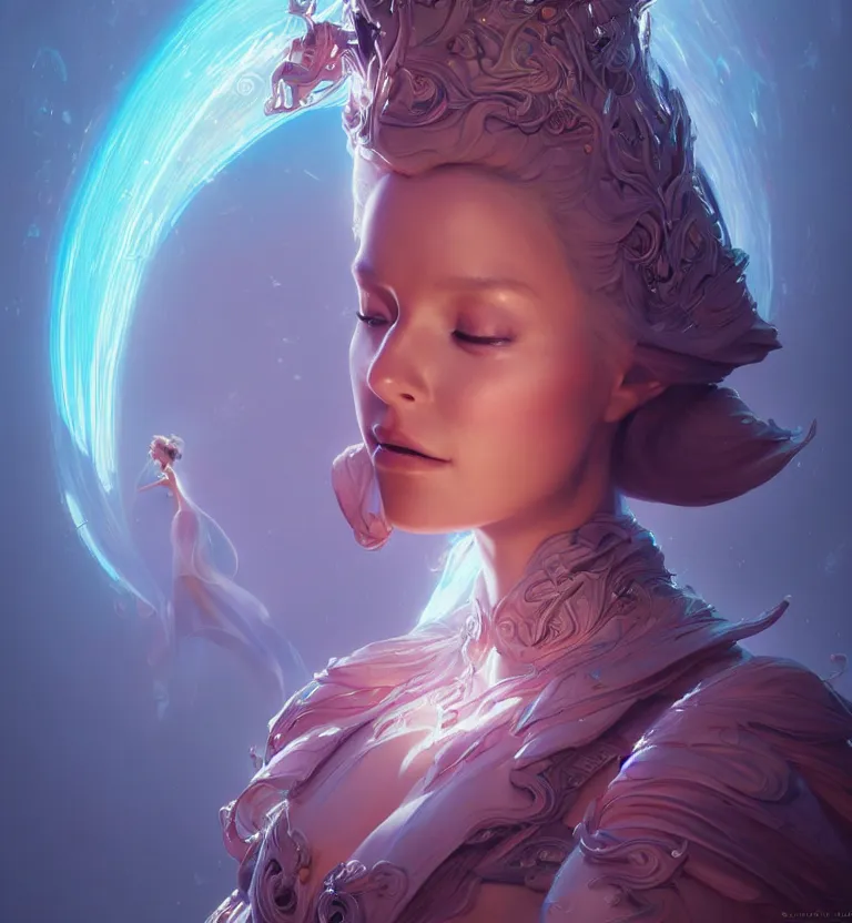 Image similar to portrait of a beautiful princess in robe. bio luminescent biomechanical halo around head. artwork by jarold Sng by artgerm, by Eddie Mendoza, by Peter mohrbacher by tooth wu, unreal engine, octane render, cinematic light, high details, iridescent colors, dichroic, macro