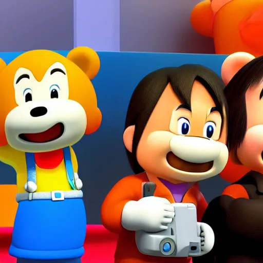 Image similar to detailed photo of Shigeru Miyamoto showing two happy bears how to play Wii