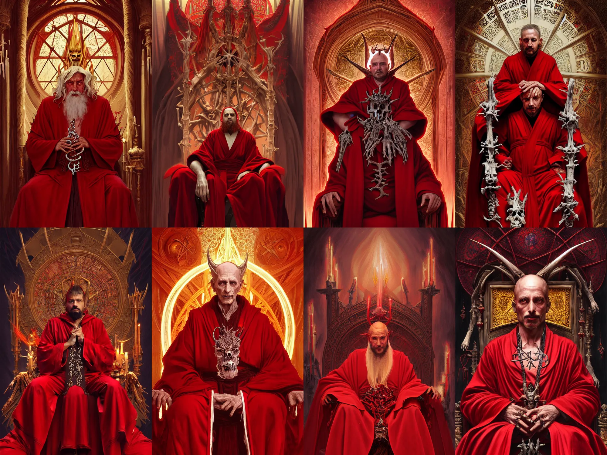 Prompt: a concept painting of a satanic high - priest in a red robe sitting on a throne made of bones, fantasy, intricate, elegant, highly detailed, digital painting, artstation, concept art, matte, sharp focus, illustration, art by artgerm and greg rutkowski and alphonse mucha