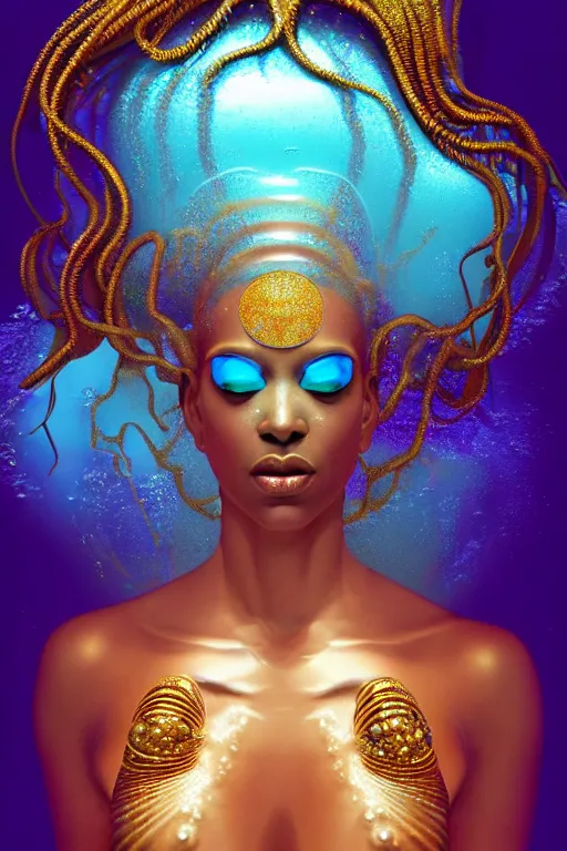 Image similar to hyperrealistic futurist full body cinematic very expressive! translucent oshun goddess underwater scene, gold jewerly, highly detailed face, digital art masterpiece, smooth eric zener cam de leon, dramatic pearlescent turquoise light on one side, low angle uhd 8 k, shallow depth of field