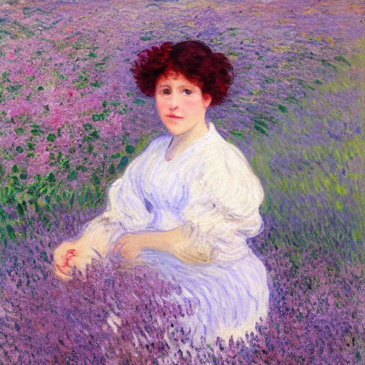 Image similar to portrait of cute girl with short curly red hair sitting in a field of lilac flowers, Monet painting