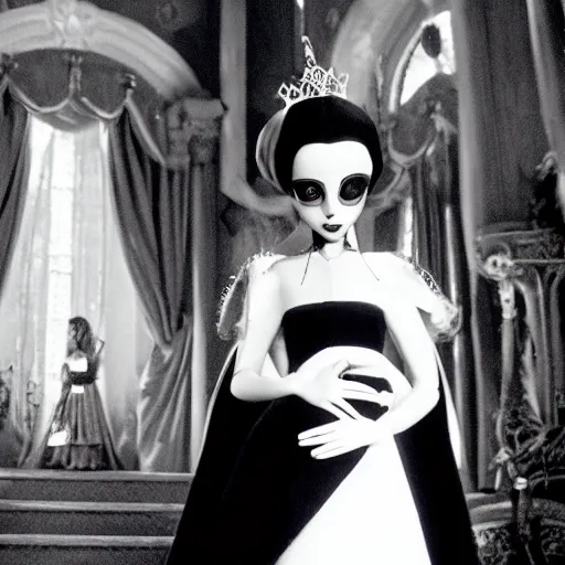 Prompt: an infallible princess, high resolution film still, live-action film by Tim Burton