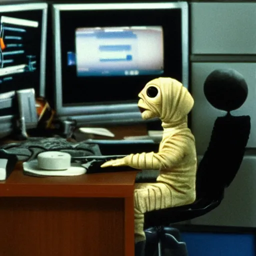 Prompt: e.t. Working in an office cubicle