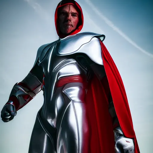 Image similar to portrait of a tall muscular infantry man in glossy sleek white armor with small red details and a long red cape, heroic posture, determined expression, on the surface of mars, night time, dramatic lighting, cinematic, sci-fi, hyperrealistic, movie still