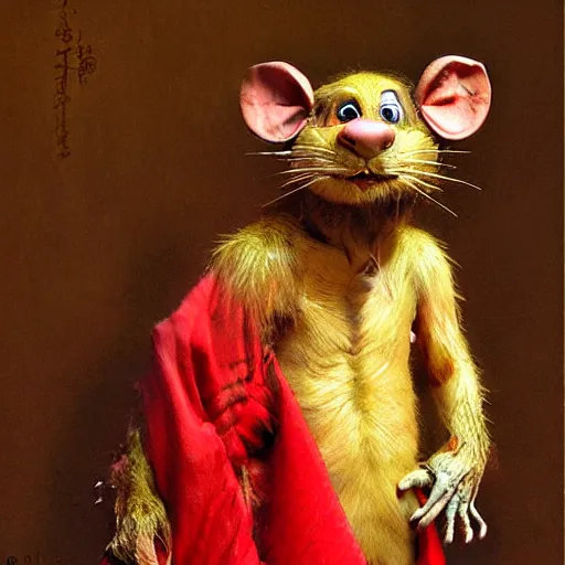 Prompt: a portrait of a furry splinter the rat from ninja turtles wearing a red kimono, hairy, furry body, furry arms, feet, tail. highly detailed painting by gaston bussiere, craig mullins, j. c. leyendecker, furry