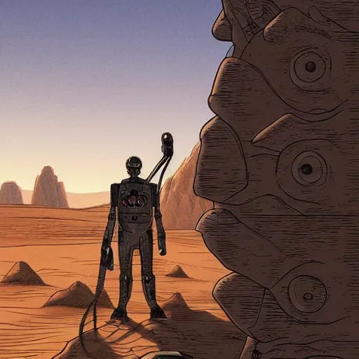 Image similar to robotic a man in desert finding a beautiful crystal, Industrial Scifi, detailed illustration, character portrait, by Martin Grip and Moebius