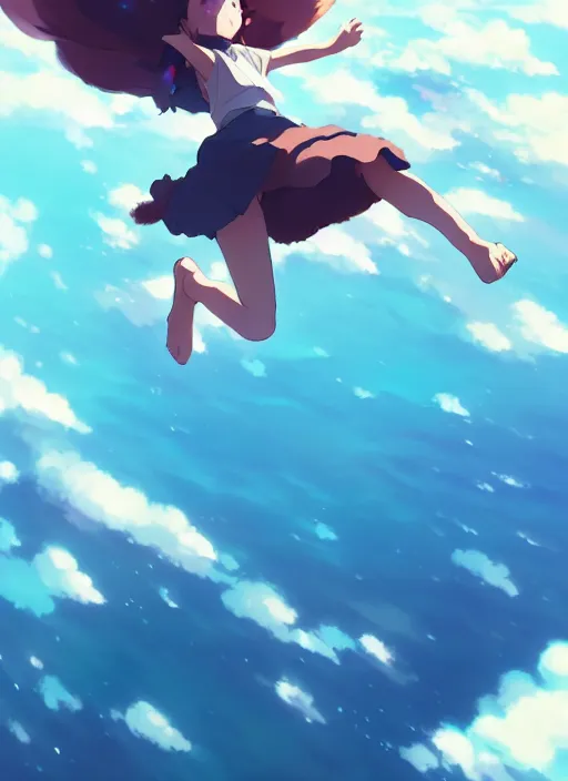 Image similar to girl flying towards a deep abyss in the air, illustration concept art anime key visual trending pixiv fanbox by wlop and greg rutkowski and makoto shinkai and studio ghibli