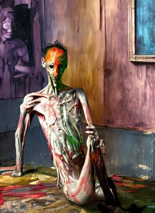 Image similar to an insane, skinny, artist wearing dirty, torn overalls, expressive painting, inside a grand messy studio, depth of field, hauntingly surreal, highly detailed oil painting, by francis bacon, edward hopper, adrian ghenie, glenn brown, soft light 4 k in pink, green and blue colour palette, cinematic composition, high quality octane render, masterpiece