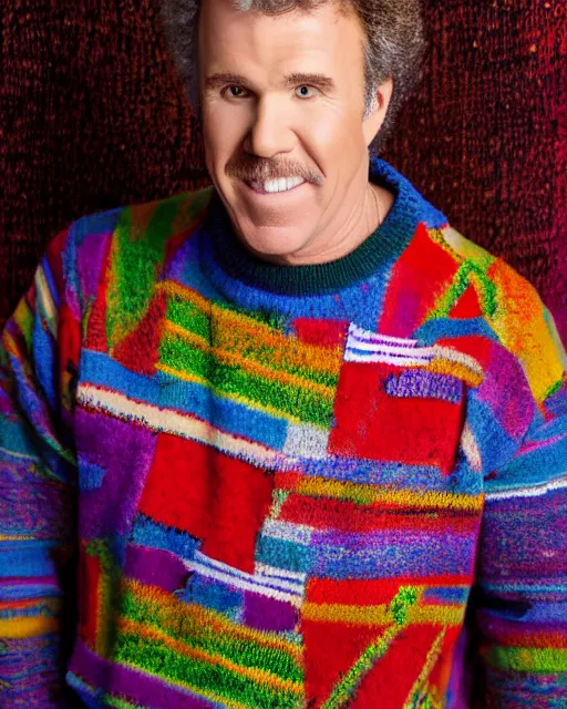 Prompt: headshot of the will ferrel, wearing a colorful coogi sweater, and a kilt, photoshoot in the style of annie leibovitz, studio lighting, soft focus, bokeh