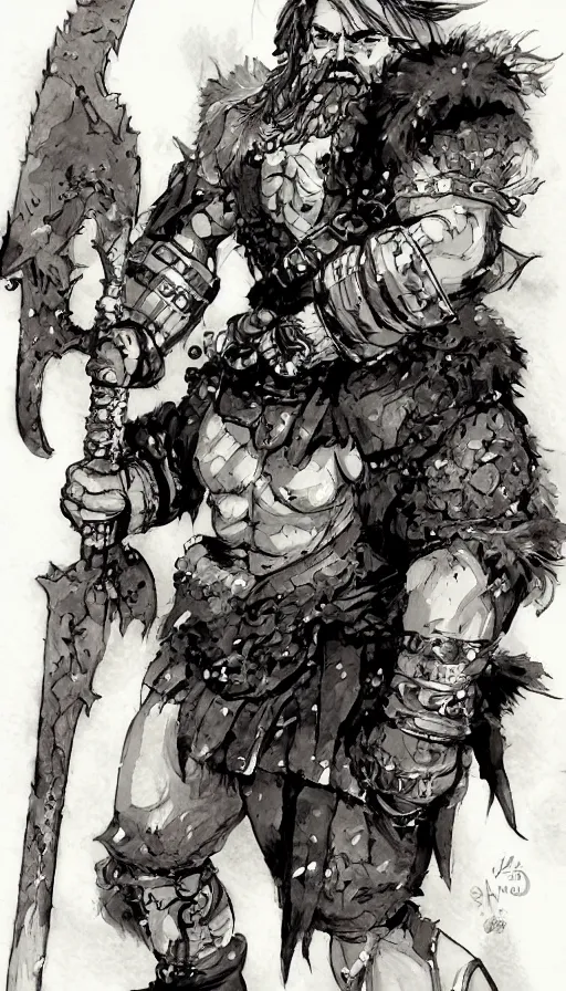 Image similar to Dwarf Barbarian, drawn by Yoji Shinkawa, water color, Dungeons and Dragons, Wizards of the Coast