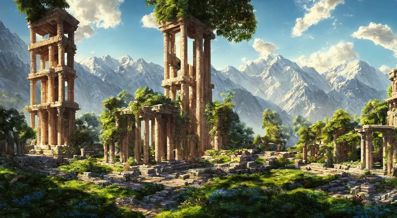 Image similar to retrofutristic city under kashmir mountains, hill valley grec greeble temple of olympus glory island little wood bridge painting of tower ivy plant in marble late afternoon light, wispy clouds in a blue sky, by frank lloyd wright and greg rutkowski and ruan jia