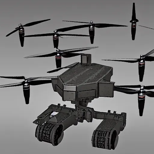 Image similar to brutalist military quadcopter with mounted turret, design concept