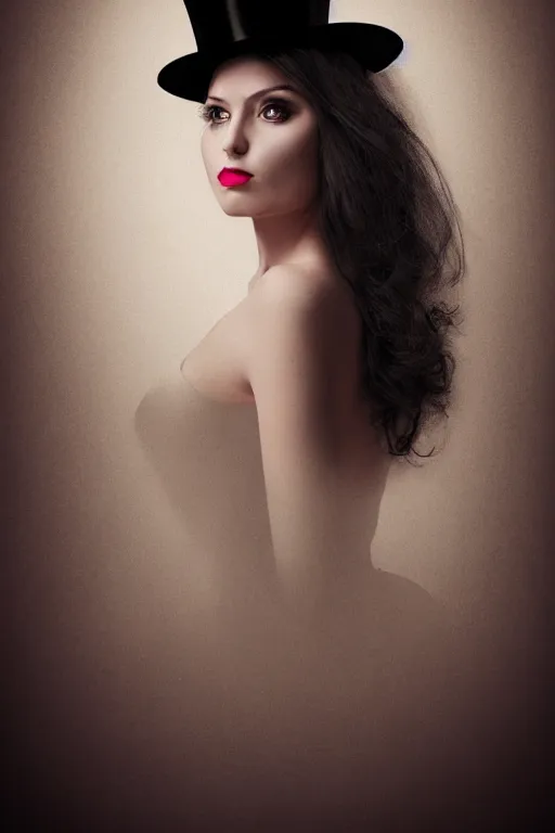 Image similar to elegant long hair lady wearing gentleman suit and tophat, mysterious, portrait, photorealism, noir, dark background