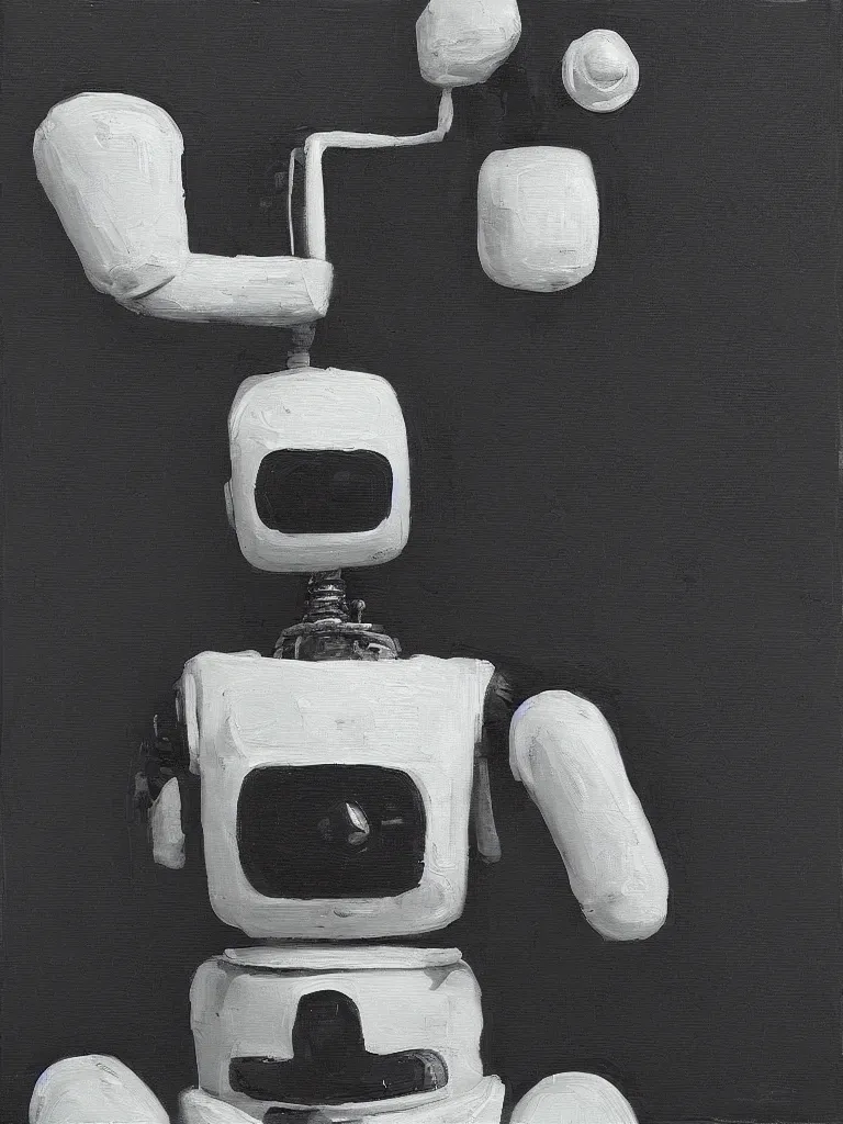 Image similar to “A perfectly centered beautiful black and white portrait oil painting of a retro-futuristic robot in Los Angeles”