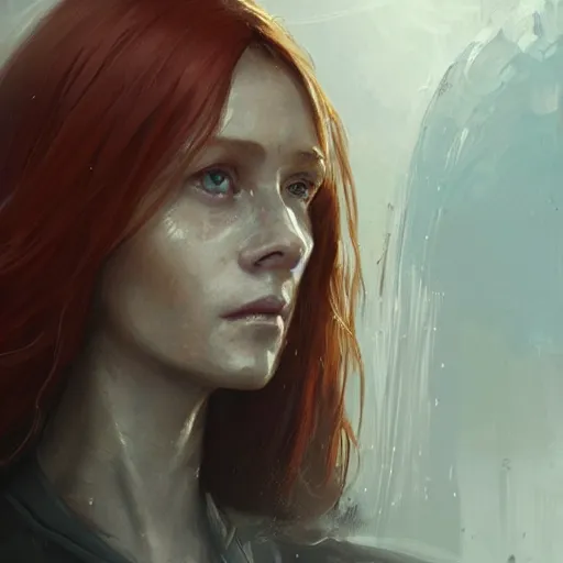 Prompt: Portrait of a woman by Greg Rutkowski, she is about 40 years old, redhead, long straight hair, beautiful oval face, wearing a futuristic tactical gear, older sister vibes, sad and resigned expression, highly detailed portrait, digital painting, artstation, concept art, smooth, sharp foccus ilustration, Artstation HQ.